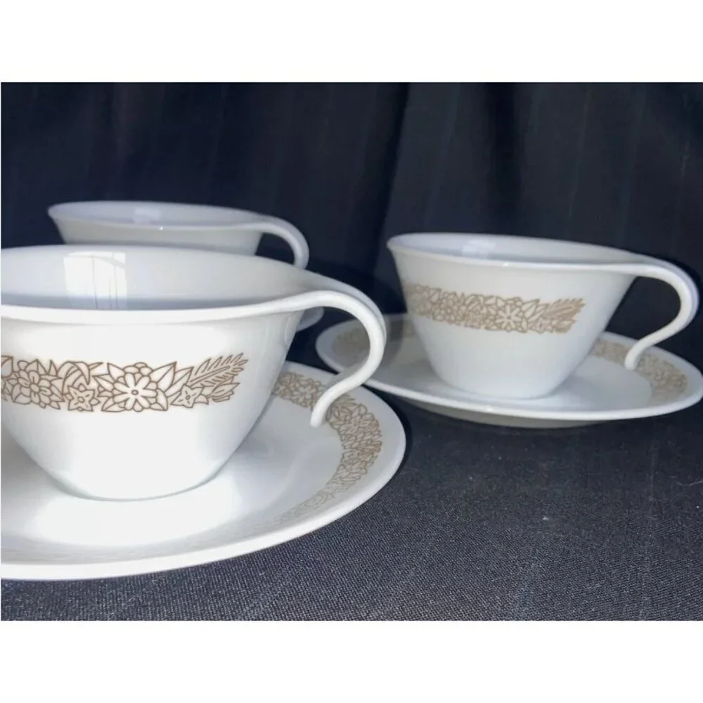 3 Vintage Corelle Woodland Brown cup & saucer sets hook handle Corning 6 pcs EUC
